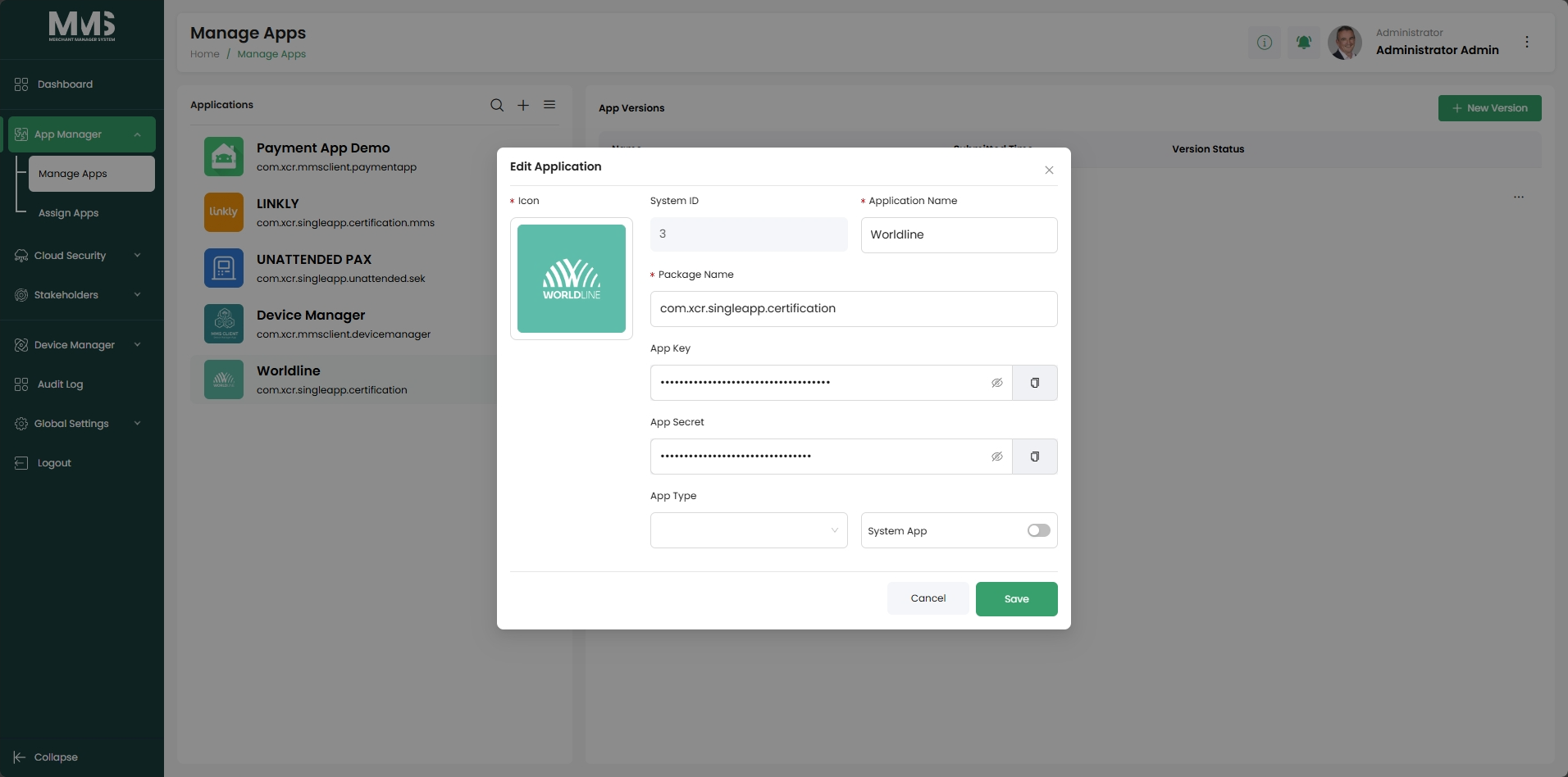 App versions panel