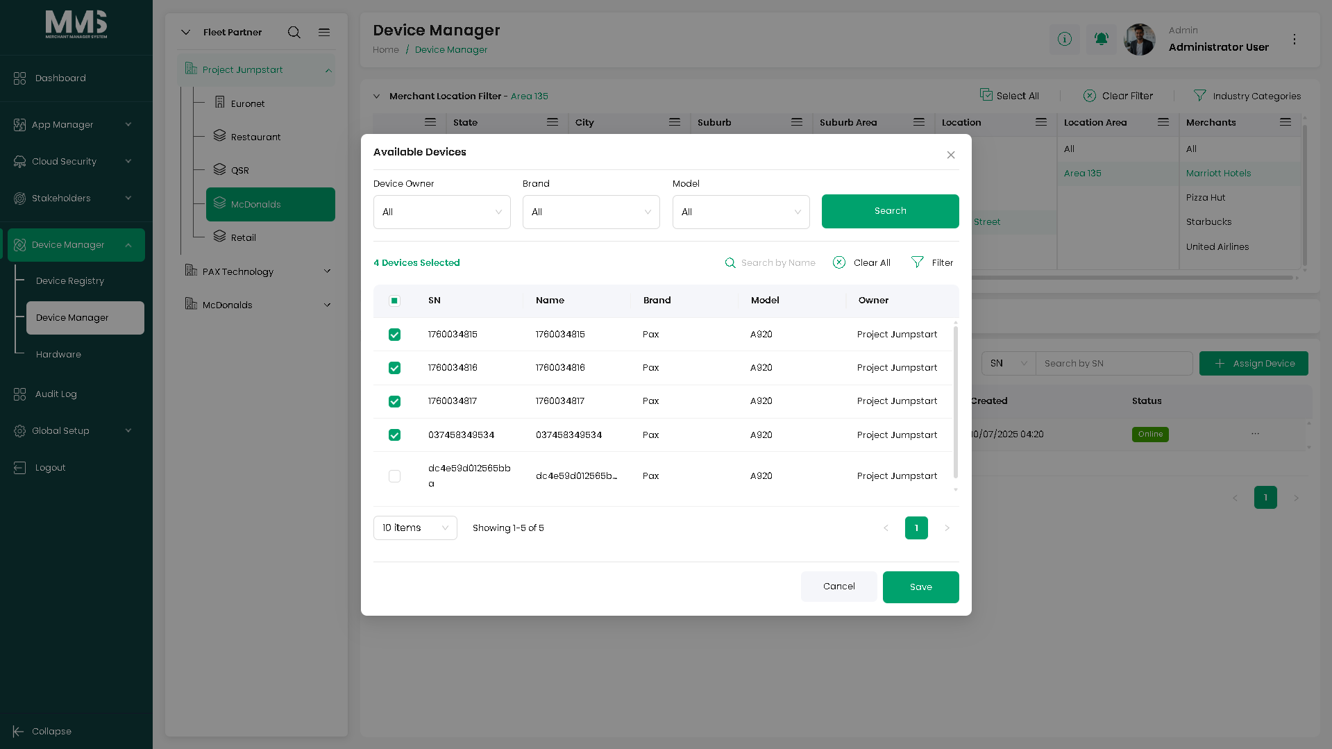 Assign Device modal (location)