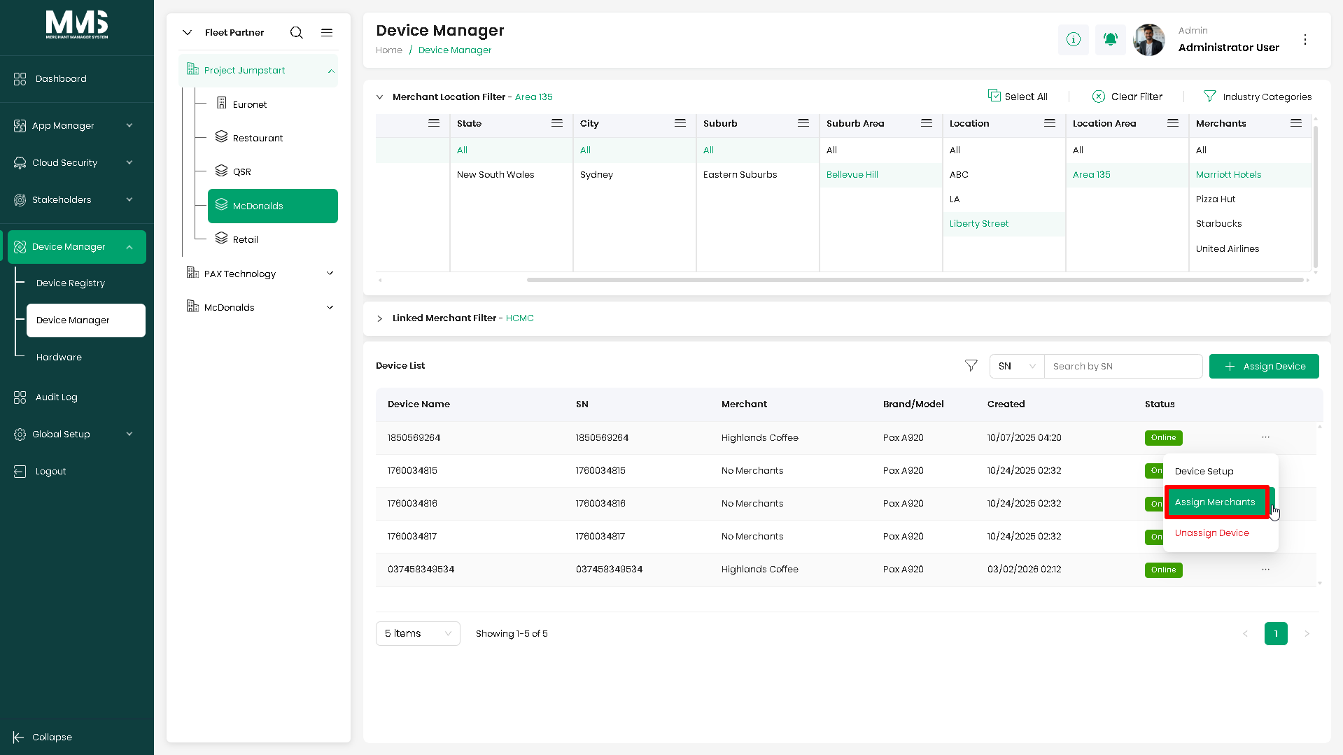 Assign Merchant option menu
