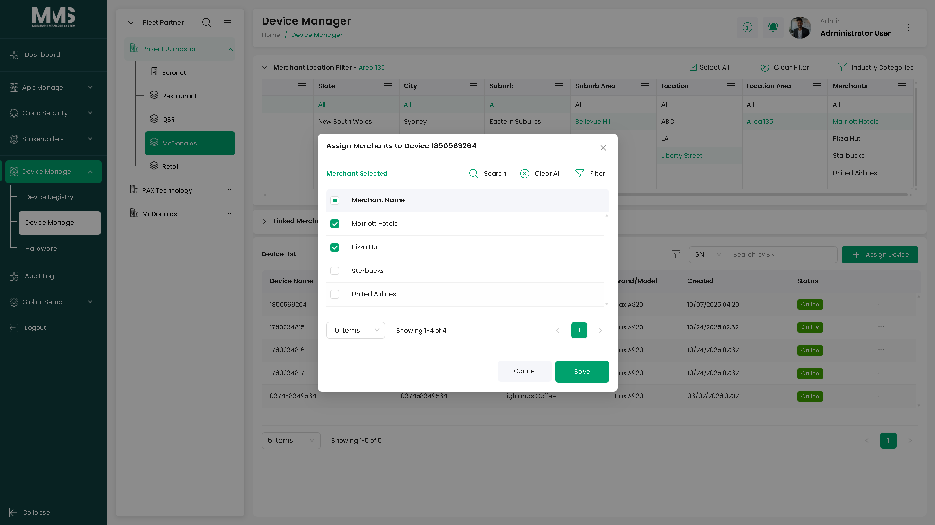 Assign Merchant modal