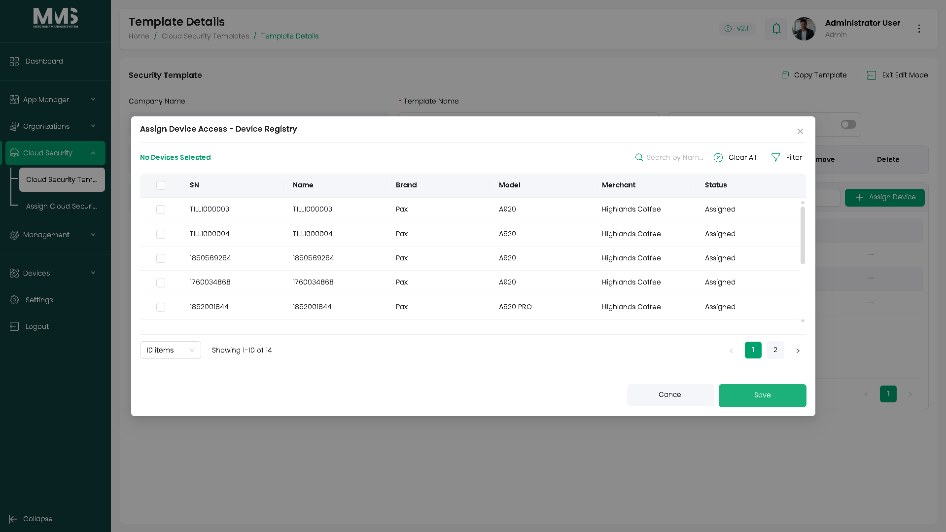 Template permissions detail