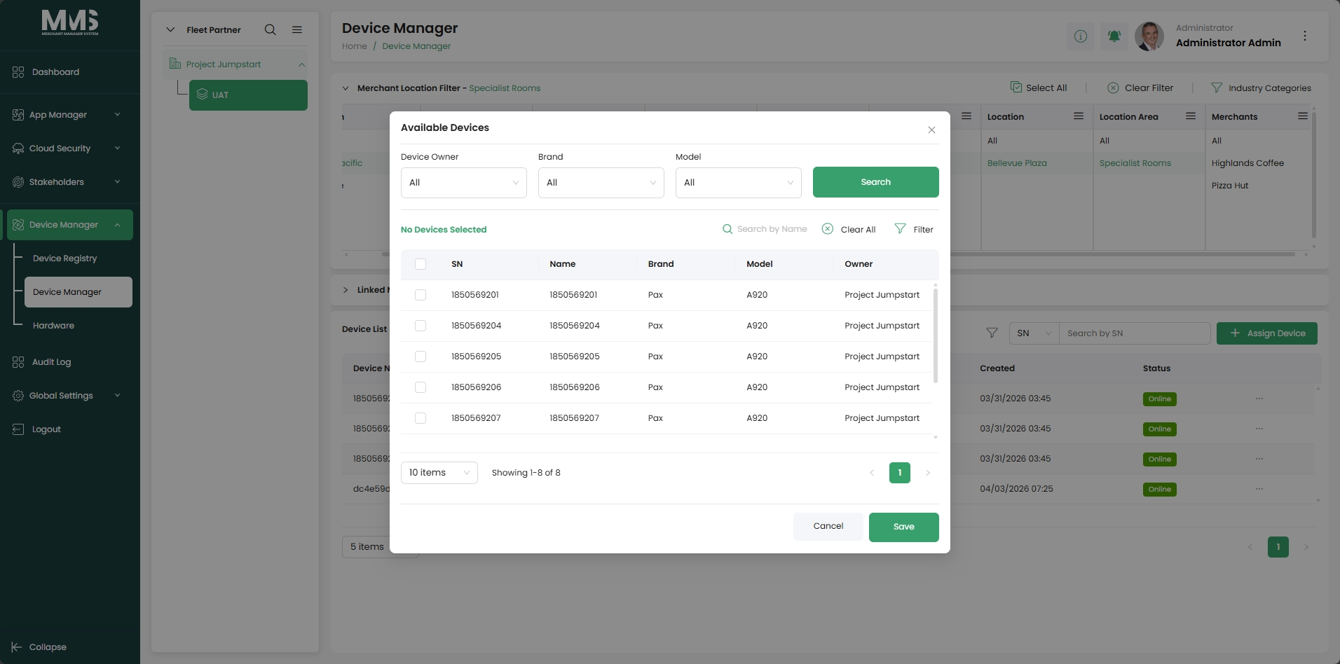 Device list with filters