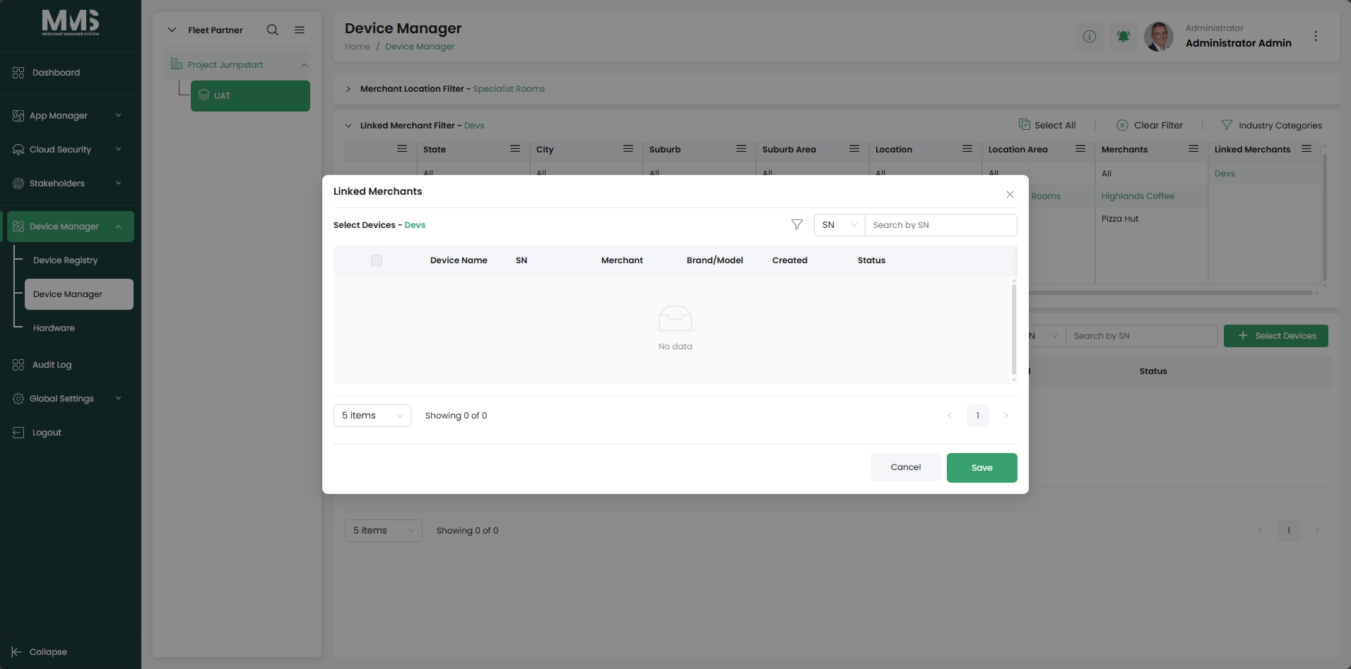 Linked Merchant filter view