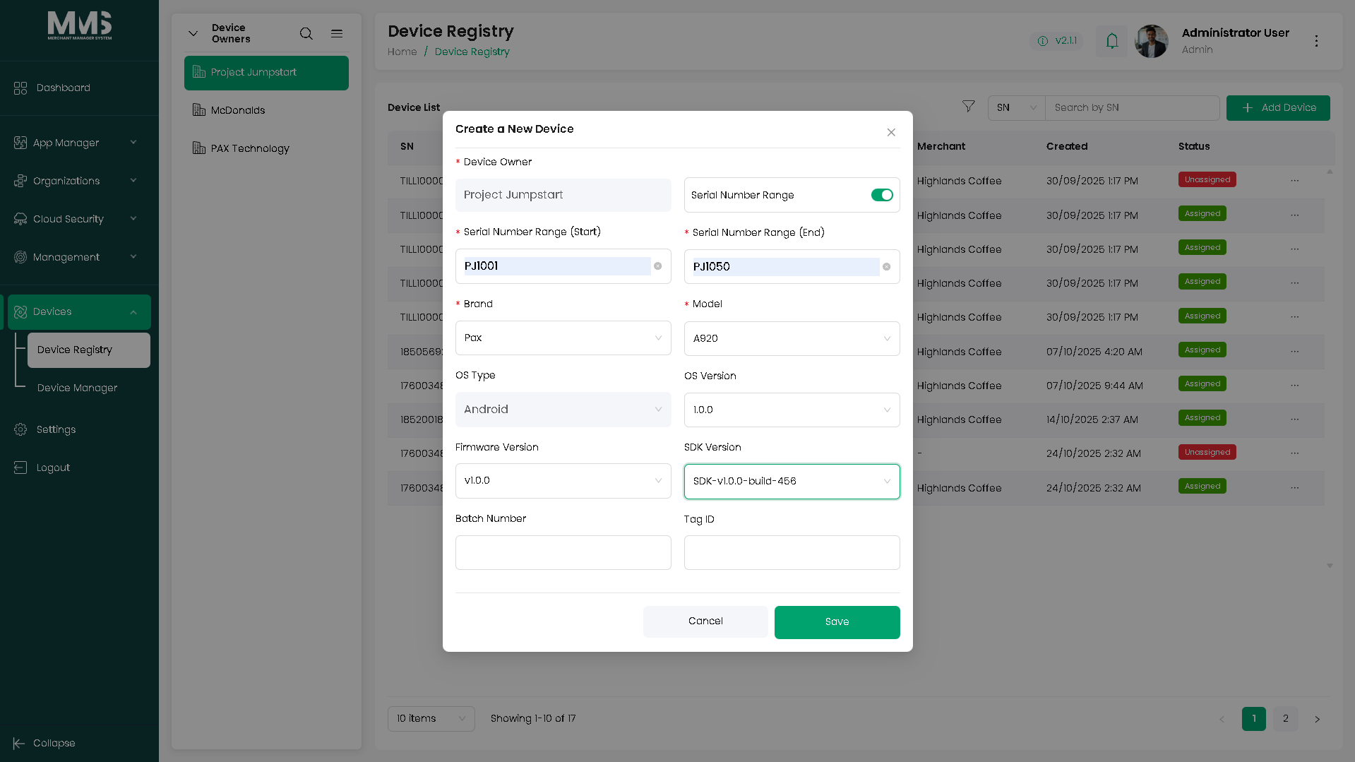 Add Device form