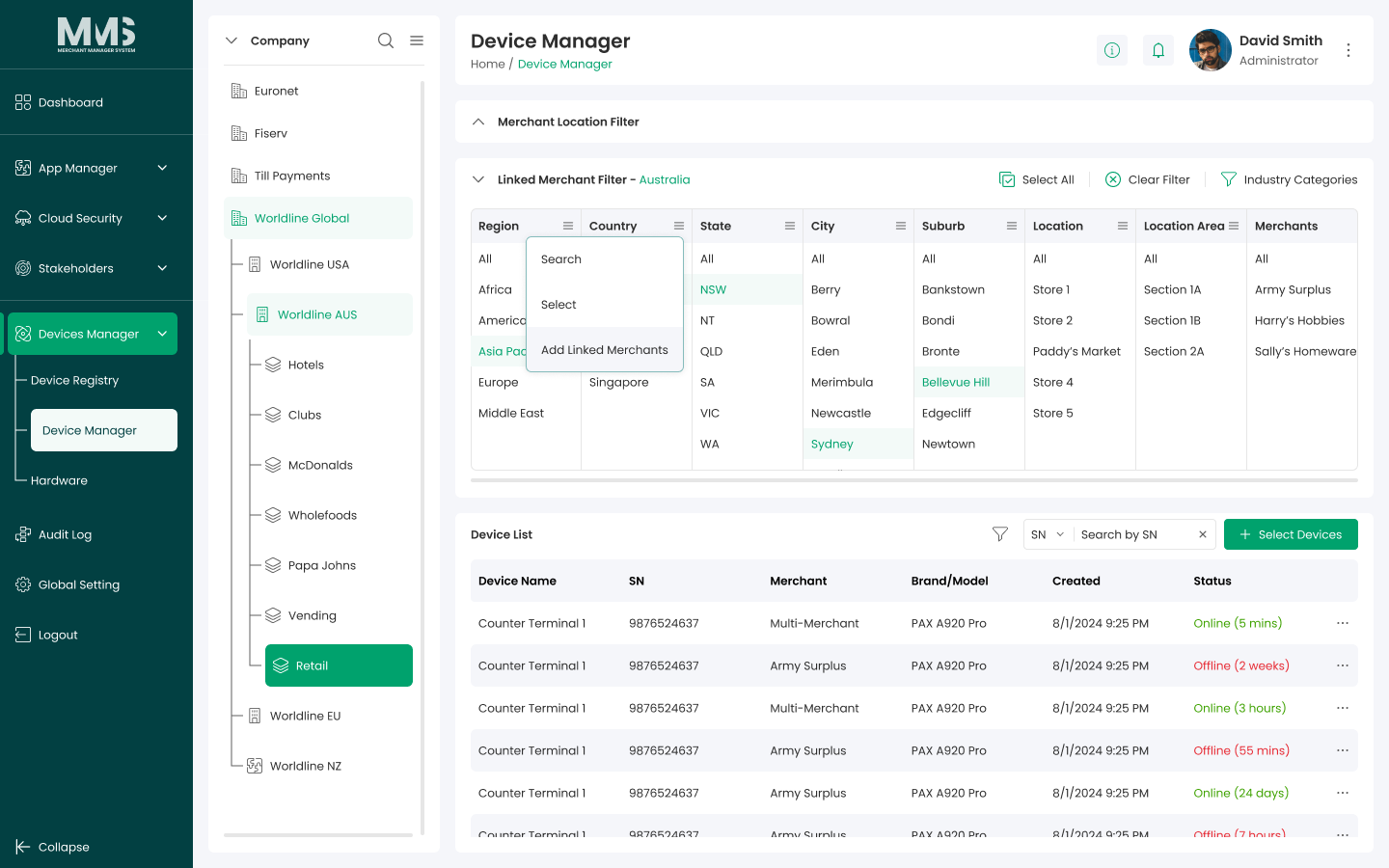 Linked Merchant Filter panel