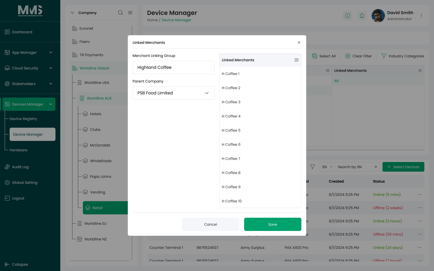 Linked Merchant Group with merchants