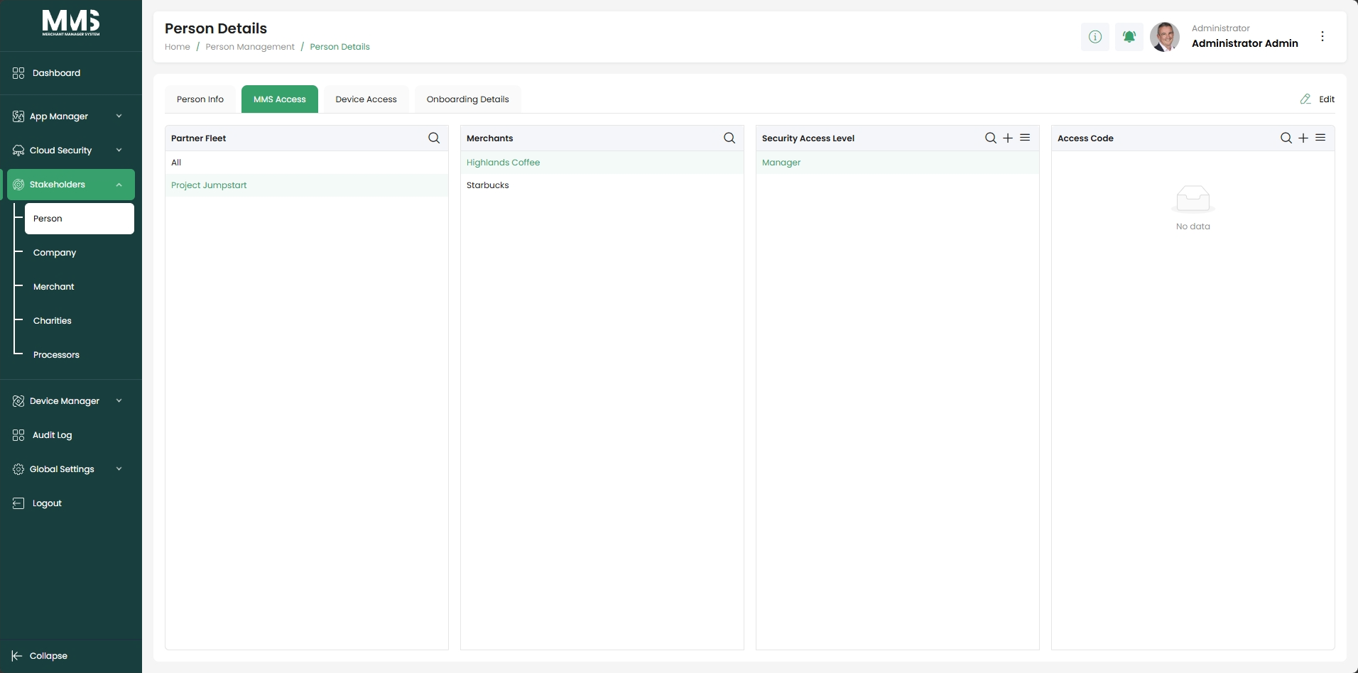 MMS Access tab
