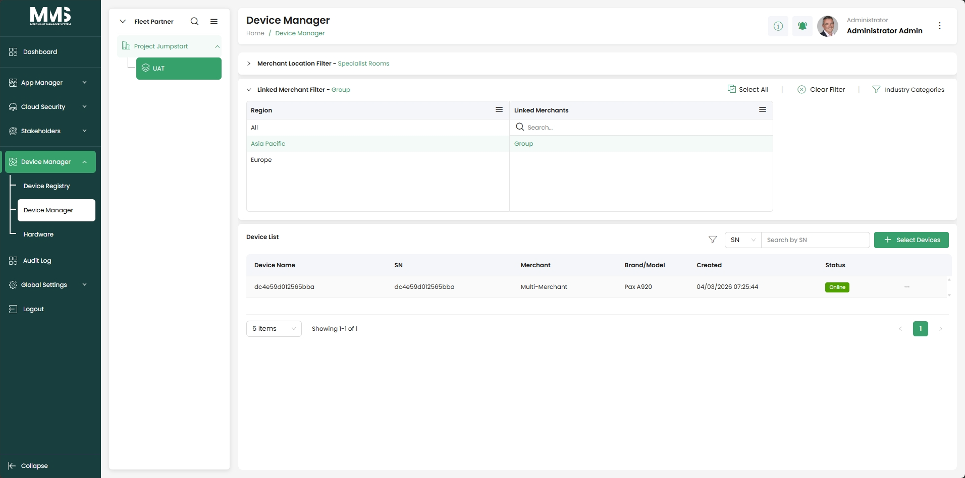 Devices assigned to linked merchant